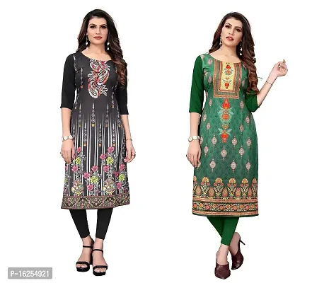 GROWMORE Women's Crepe Digital Print Straight Kurta(Pack of 2) (M, Black  Green)-thumb0