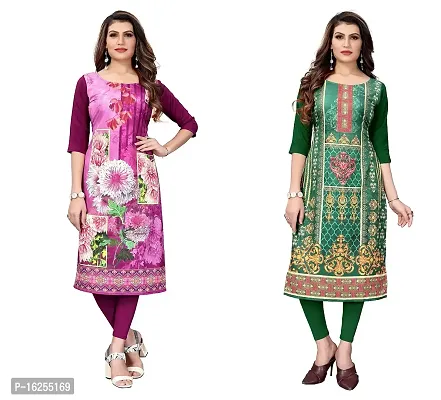 GROWMORE Women's Crepe Digital Print Straight Kurta(Pack of 2) (XL, Purple  Forest Green)