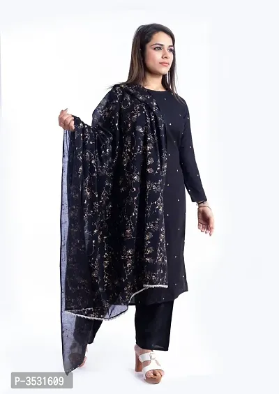 Stylish Black Rayon Printed A-Line KurtAnd Palazzo With Dupatta Set-thumb0