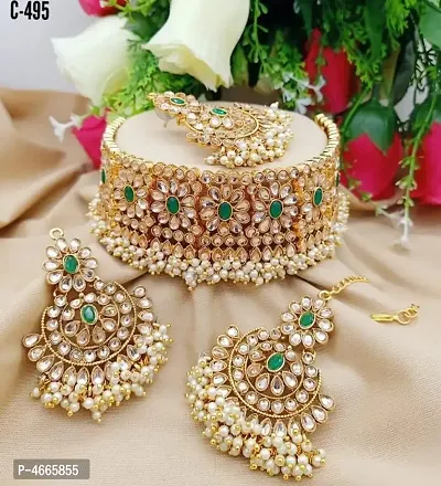 Traditional Copper Plated Artificial Kundan Stones  Bead Work Jewellery Set