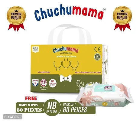 Chuchumama taped style baby diaper New born (NB) Size Baby Diaper Pants, 60 count, with CHUCHUMAMA BABY WIPES