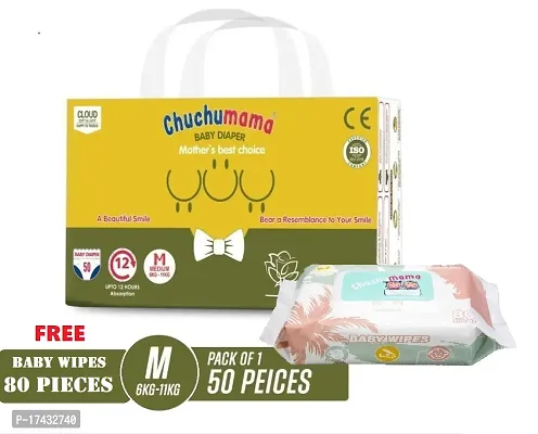 Chuchumama taped style baby diaper Medium (M) Size Baby Diaper taped, 50 count with CHUCHUMAMA BABY WIPES