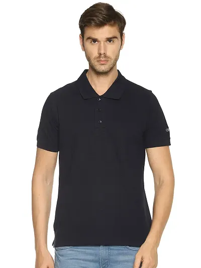 OBOW Polo Neck Solid Half Sleeve Tshirt (Navy Blue, 38)