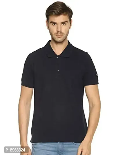 OBOW Navy Blue Solid Pique Knit Cotton Polo Collar Tshirt (40)