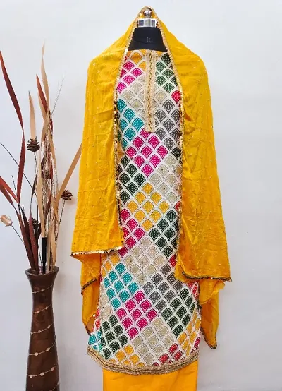 New Multi Cotton Silk Solid Embroidery and Stone Work Unstitched Suit
