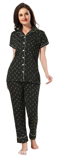 Stylish Olive Cotton Printed Night Suits For Women-thumb0