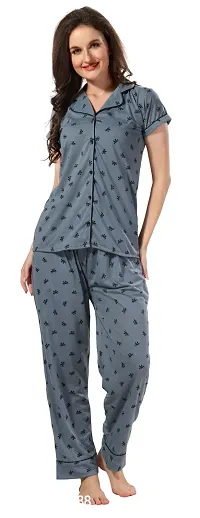 Stylish Grey Cotton Printed Night Suits For Women