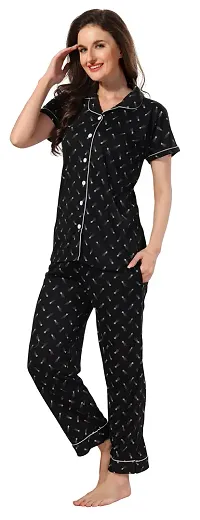 Stylish Black Cotton Printed Night Suits For Women-thumb1
