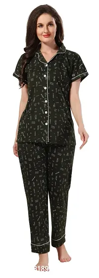Stylish Olive Cotton Printed Night Suits For Women