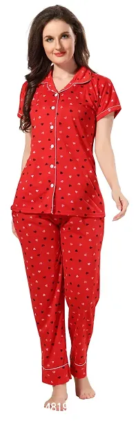 Stylish Red Cotton Printed Night Suits For Women-thumb0