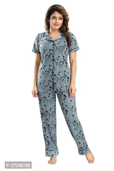 Stylish Grey Cotton Printed Night Suits For Women-thumb0