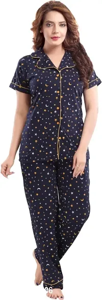 Stylish Navy Blue Cotton Printed Night Suits For Women