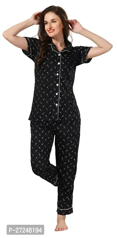 Stylish Black Cotton Printed Night Suits For Women