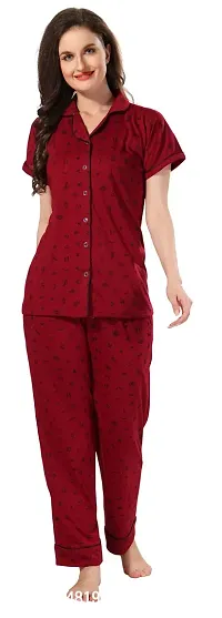 Stylish Maroon Cotton Printed Night Suits For Women