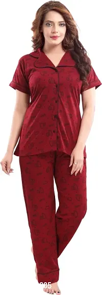 Stylish Maroon Cotton Printed Night Suits For Women