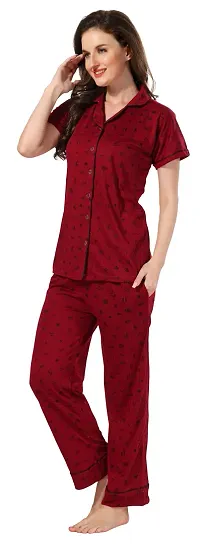 Stylish Maroon Cotton Printed Night Suits For Women-thumb1