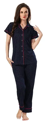 Stylish Navy Blue Cotton Printed Night Suits For Women