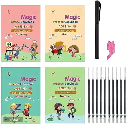 Sank Magic Practice Copybook, Number Tracing Book for Preschoolers with Pen, Magic Calligraphy Copybook Set Practical Reusable Writing Tool Simple Hand Lettering (4 BOOK + 10 REFILL+ 1 Pen +1 Grip)