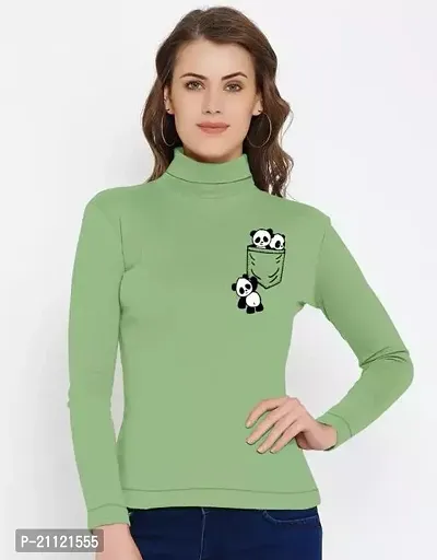 Elegant Cotton Pista Green Two Panda Print T-Shirt For Women