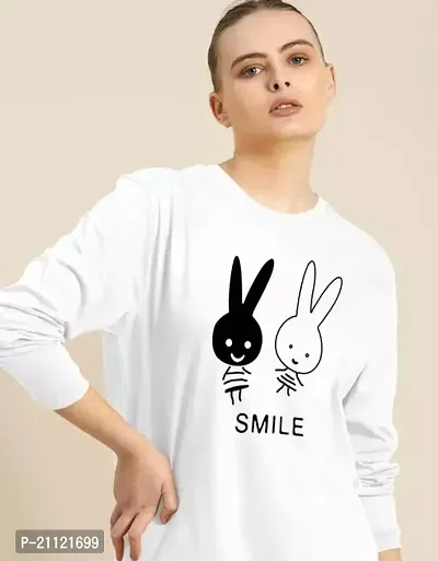 Elegant Cotton White Rabbit Print T-Shirt For Women-thumb0