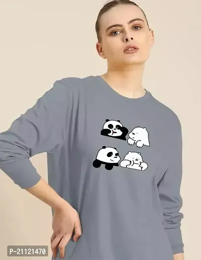 Elegant Cotton Grey Four Panda Print T-Shirt For Women