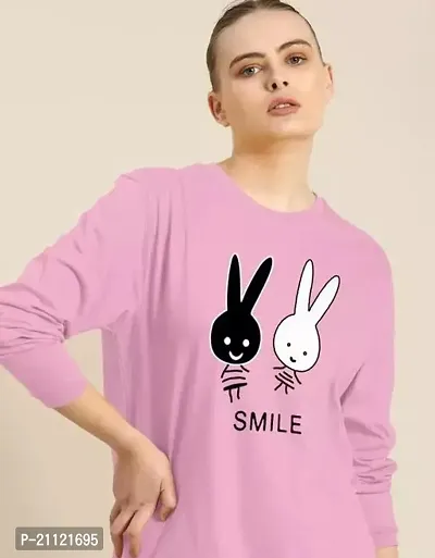 Elegant Cotton Pink Rabbit Print T-Shirt For Women-thumb0