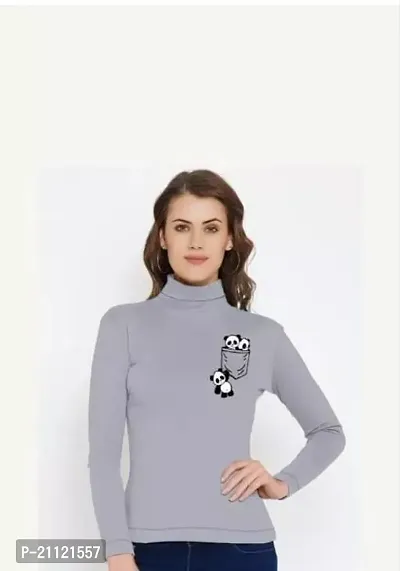 Elegant Cotton Grey Two Panda Print T-Shirt For Women