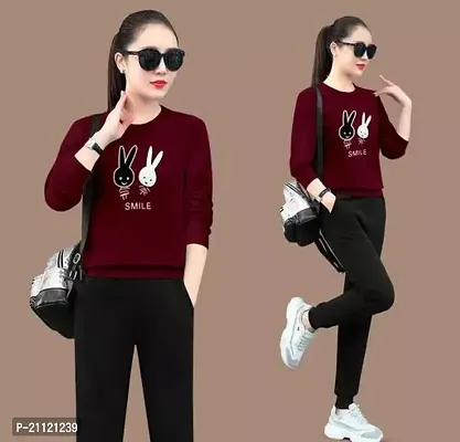 Elegant Cotton Maroon Rabbit Print T-Shirt For Women-thumb0