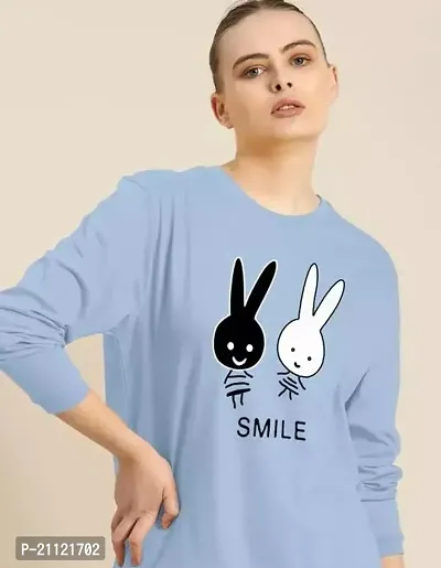 Elegant Cotton Light Blue Rabbit Print T-Shirt For Women-thumb0