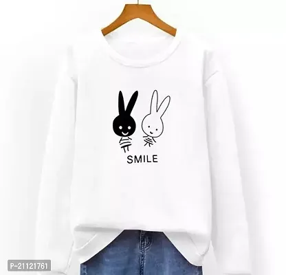 Elegant Cotton White Rabbit Print T-Shirt For Women-thumb0