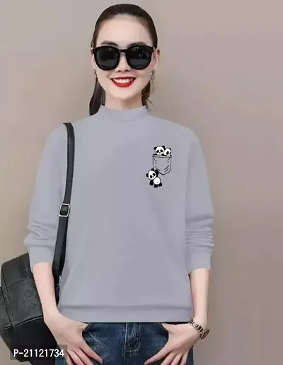 Elegant Cotton Grey Two Panda Print T-Shirt For Women