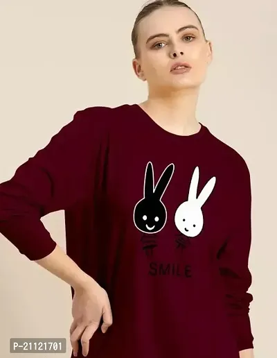 Elegant Cotton Maroon Rabbit Print T-Shirt For Women-thumb0