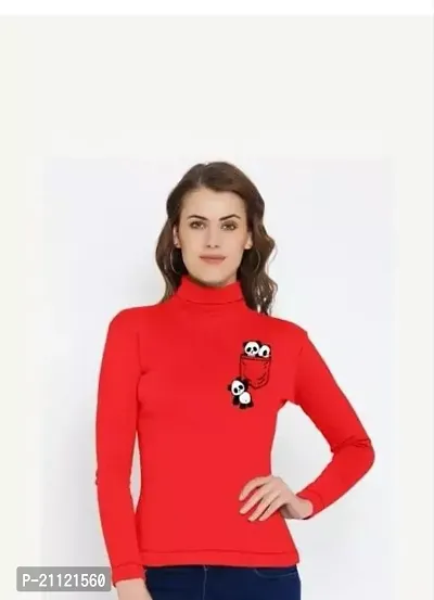 Elegant Cotton Red Two Panda Print T-Shirt For Women