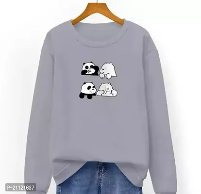 Elegant Cotton Grey Four Panda Print T-Shirt For Women-thumb0