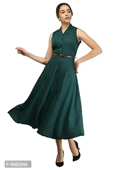 RUDRAKRITI Women's bottal Green Crepe Solid Stylish with Belt Dress-thumb0