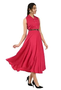 RUDRAKRITI Women's Pink Crepe Solid Stylish with Belt Dress-thumb3