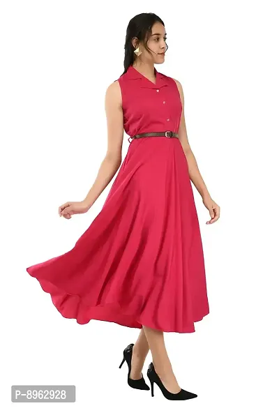 RUDRAKRITI Women's Pink Crepe Solid Stylish with Belt Dress-thumb4