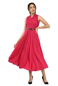 RUDRAKRITI Women's Brown Crepe Solid with Belt Dress (Free Mask) ()-thumb1