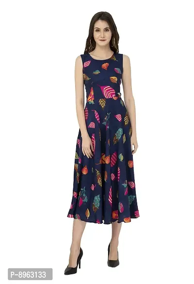 RUDRAKRITI Crepe Navy Printed Sleeveless Dress for Women