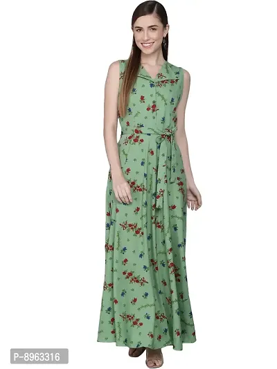 Rudraaksha Women Stylish Crepe Printed Maxi Dress(Green_L)