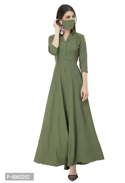 RUDRAKRITI Women Crepe Green Solid Flared Dress with Free mask (L)-thumb0