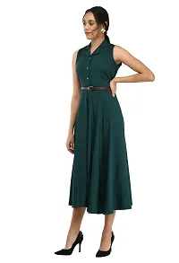 RUDRAKRITI Women's bottal Green Crepe Solid Stylish with Belt Dress-thumb2