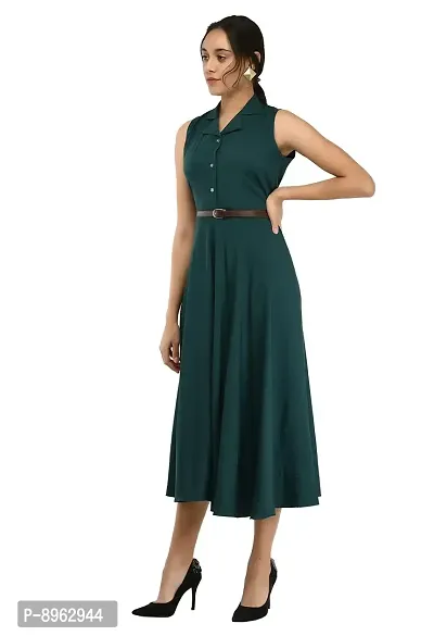 RUDRAKRITI Women's bottal Green Crepe Solid Stylish with Belt Dress-thumb3