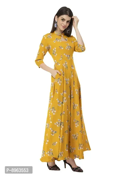 Togzz Women's Printed Yellow Crepe fit and flary Maxi Dress-thumb4