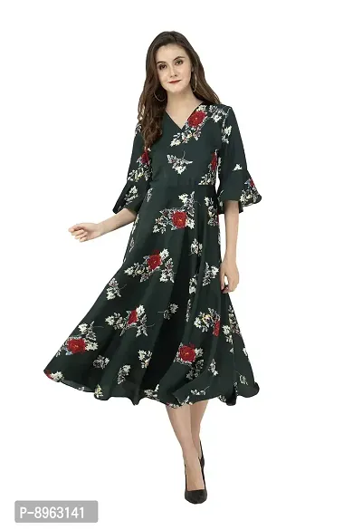 RUDRAKRITI Crepe Dark Green Printed 3/4th Sleeve Dress for Women