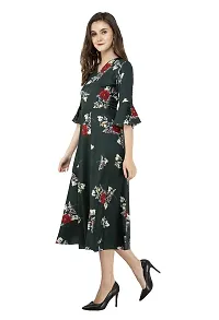 RUDRAKRITI Crepe Dark Green Printed 3/4th Sleeve Dress for Women-thumb3