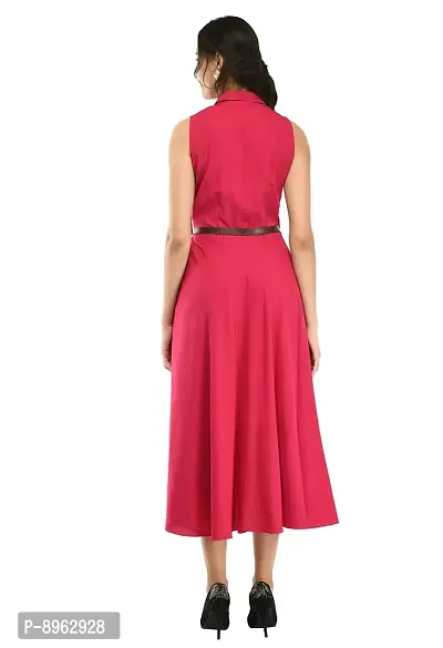 RUDRAKRITI Women's Pink Crepe Solid Stylish with Belt Dress-thumb2