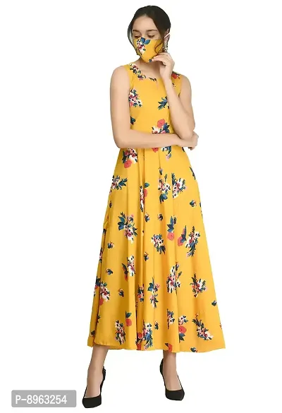 RUDRAKRITI Women's Crepe Printed Maxi Dress (Free Mask) ()