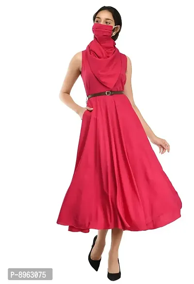 RUDRAKRITI Women's Brown Crepe Solid with Belt Dress (Free Mask) ()