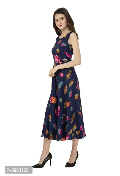 RUDRAKRITI Crepe Navy Printed Sleeveless Dress for Women-thumb4